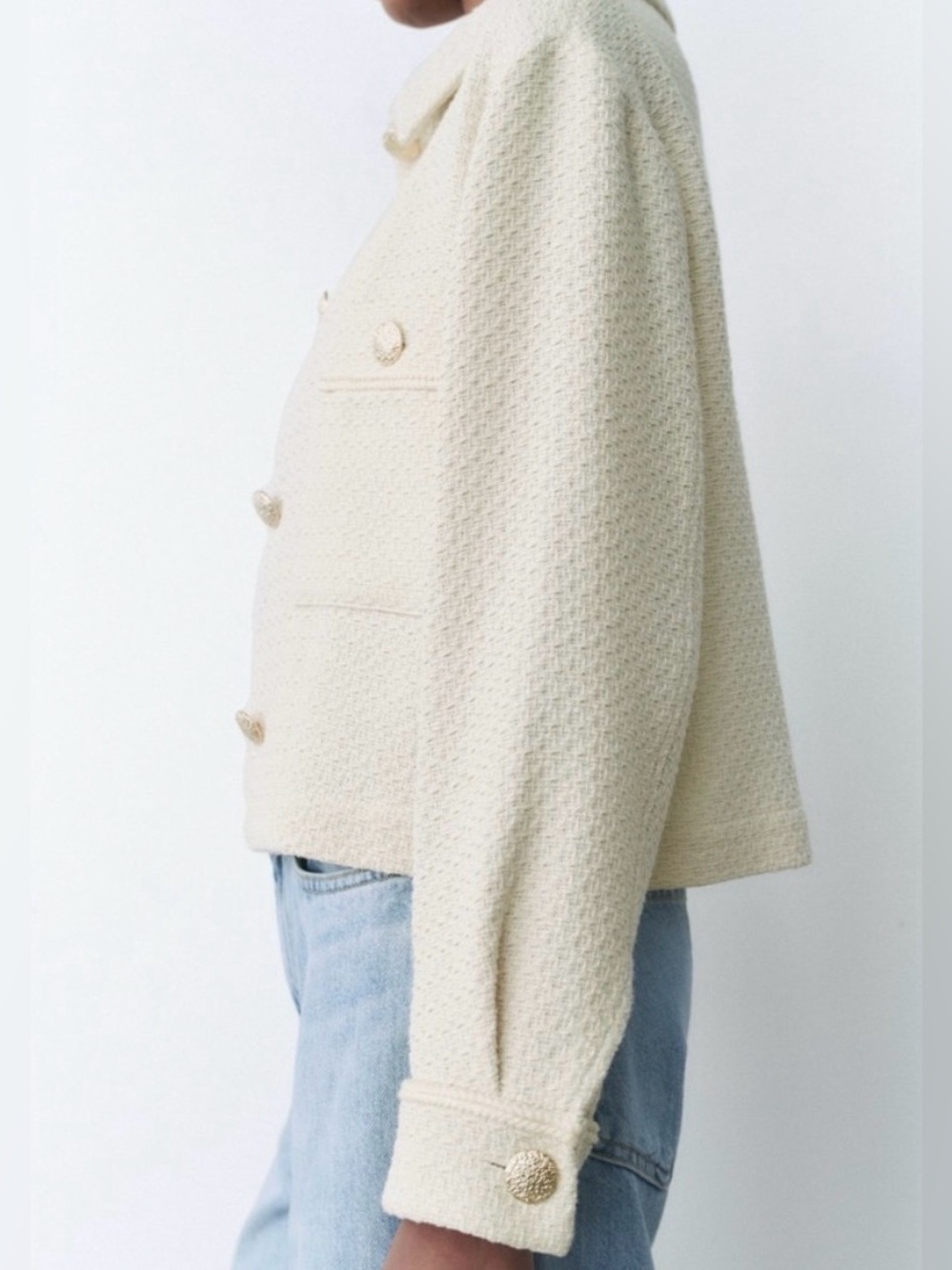 Gold Button Textured Jacket in Ecru
